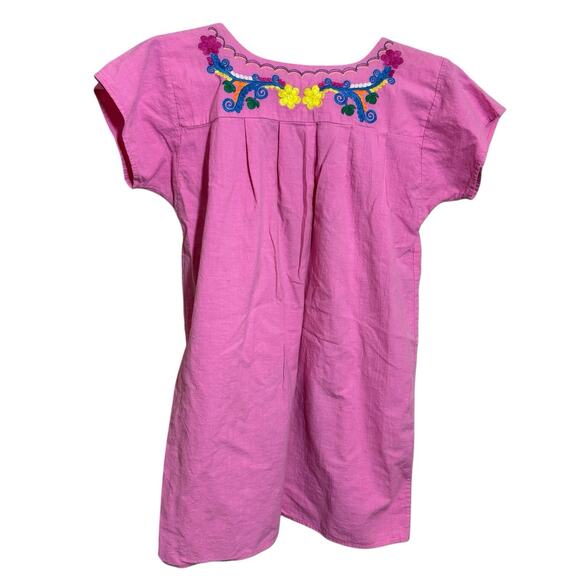 Mexican Dress Tunic Small Embroidered Pink Colorful Puff Sleeve Artsy Boho - Picture 2 of 7